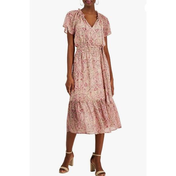 INC INTERNATIONAL CONCEPT Midi Dress Size 8 Pink Blush Paisley Chiffon NWT - Picture 1 of 14